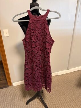 Lulus Burgundy Lace Halter Dress Size M Floral Crochet Cocktail Dress